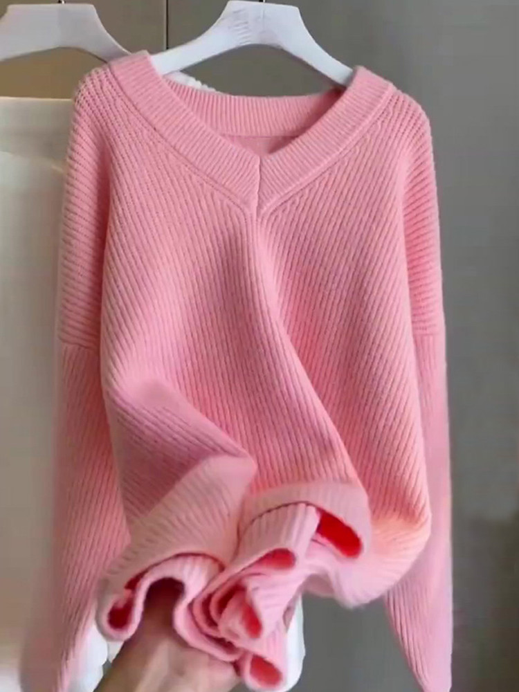 粉色毛衣小众感慵懒宽松网红新款小个子针织毛线衣女秋冬外穿
