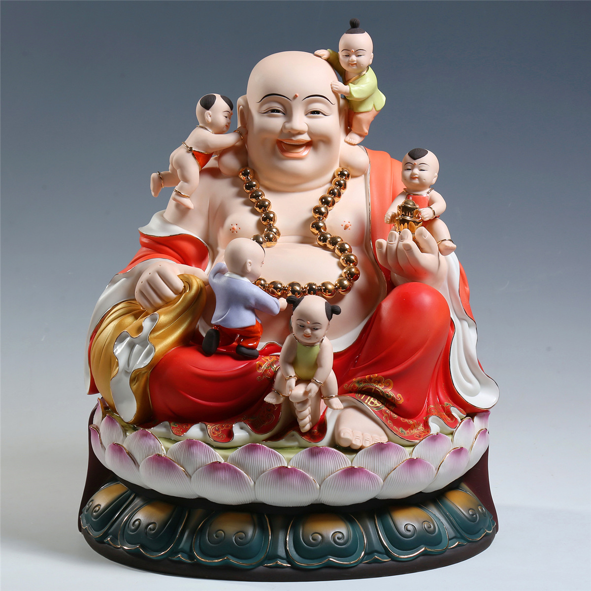 【上美】德化陶瓷三尺寸坐莲五子弥勒五子登科笑佛工艺品家居摆件