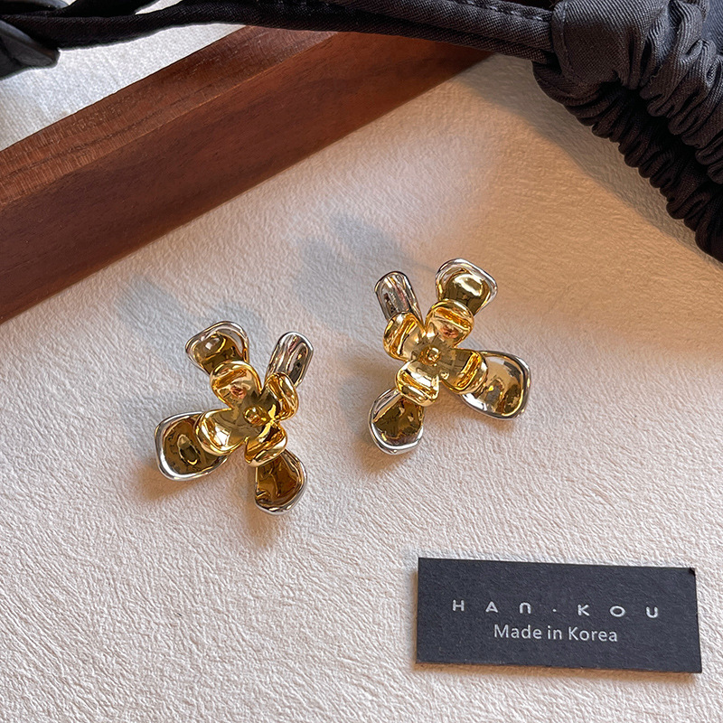 real gold plating irregular metal flower earrings female s925 sterling silver needle korean style popular frosty style stud earrings