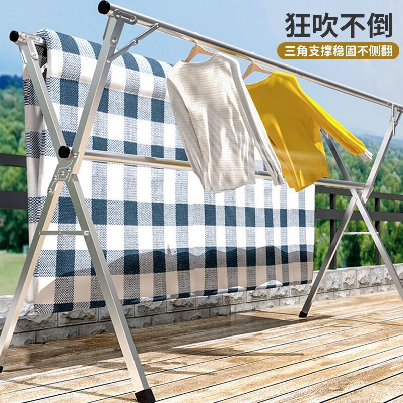 Stainless Steel Laundry Rack Floor Folding Stretchable Clothes Airing Rack Double Pole Air a Quilt Balcony Clothes Rack Clothing Rod Wholesale X