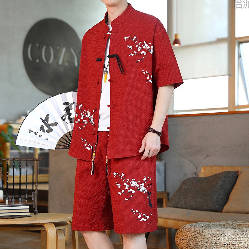 短袖t恤男中国风男装唐装两件套复古盘扣上衣夏季新中式禅意套装