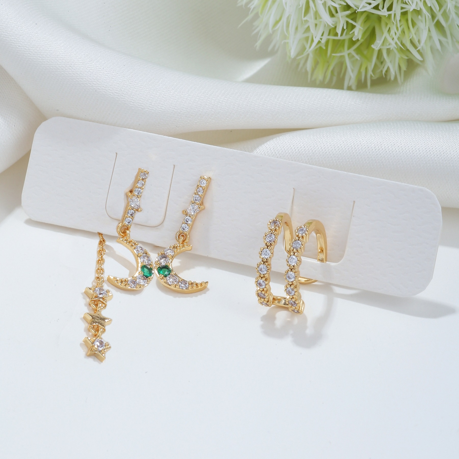 Amazon New Green Zircon Eardrops Earrings Set Cross-Border Supply Design 925 Ear Studs Ear Clip Accessories