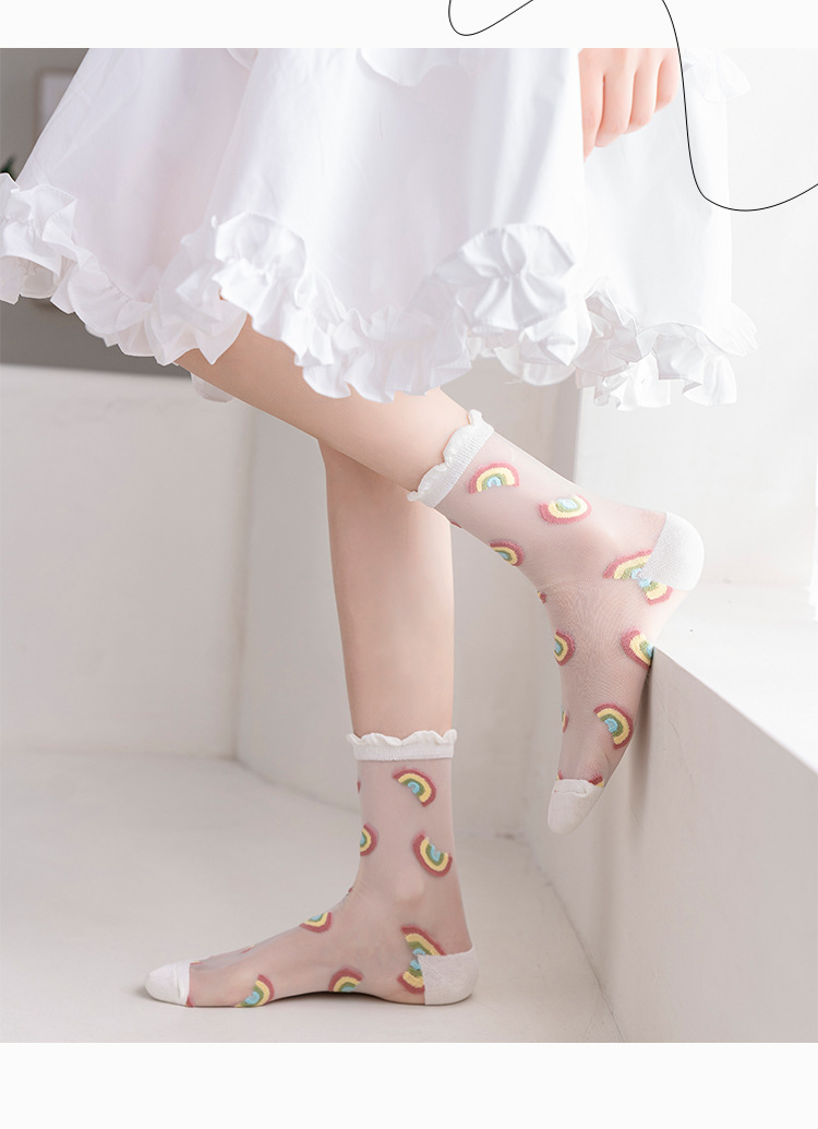 夏季超薄水晶丝花边袜玻璃丝袜子女中筒透气女袜日系可爱卡丝袜