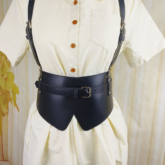 p欧美新款马甲宽腰封女朋克背带复古皮质装饰演出束腰腰带吊带可