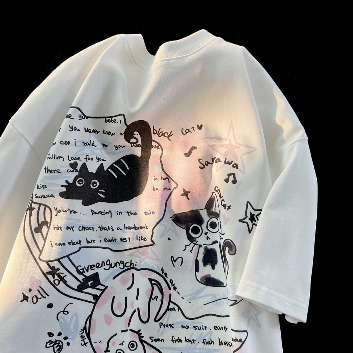 美式复古涂鸦猫咪短袖女夏季2024新款奶黄色t恤情侣宽松半袖上衣