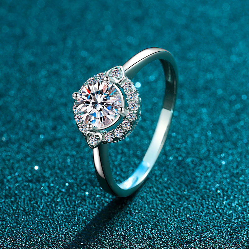 s925银桃心圆方包戒指时尚爱心圆形镶钻戒环潮流抖音同款四爪钻戒