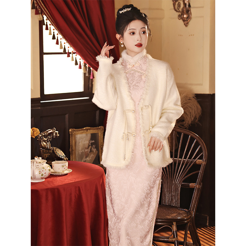 白色国风新中式水貂绒外套搭配旗袍开衫2023新款秋冬季女装高级感
