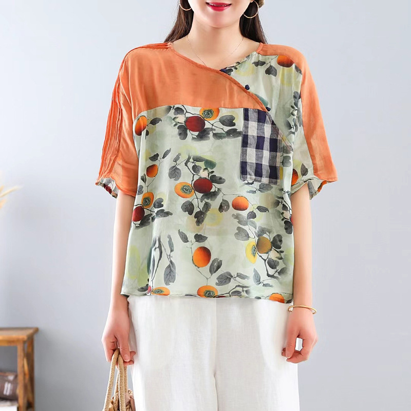 文艺复古拼色格子贴布亚麻半袖t恤女夏季薄款个性印花圆领薄上衣