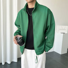 时尚绿色立领夹克男春秋季设计感纯色棒球服日系休闲薄款外套潮流