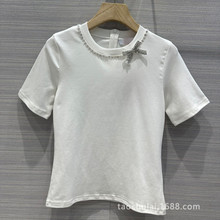 AT65083  水钻蝴蝶结设计短袖T恤甜美减龄小个子修身纯棉半袖上衣