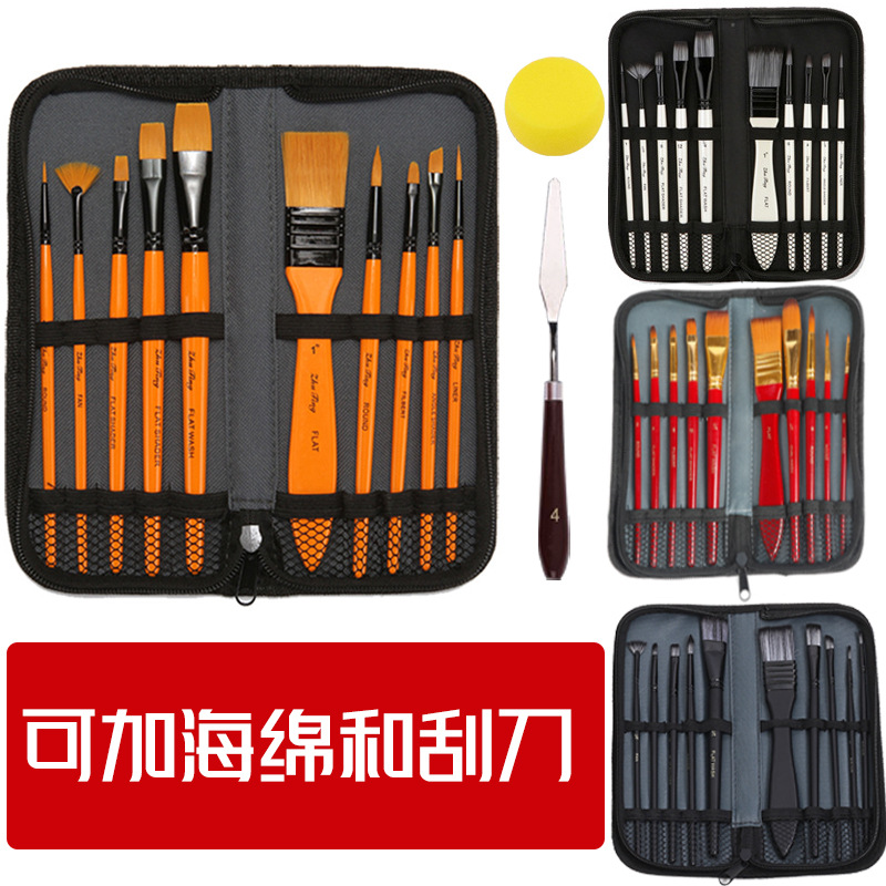 10 Pieces Oil Painting Brush Gouache Acrylic Pigment Containing Scrubbing Brush Canvas Bag Wooden Pole Nylon Wool DIY Painting Tool Outfit