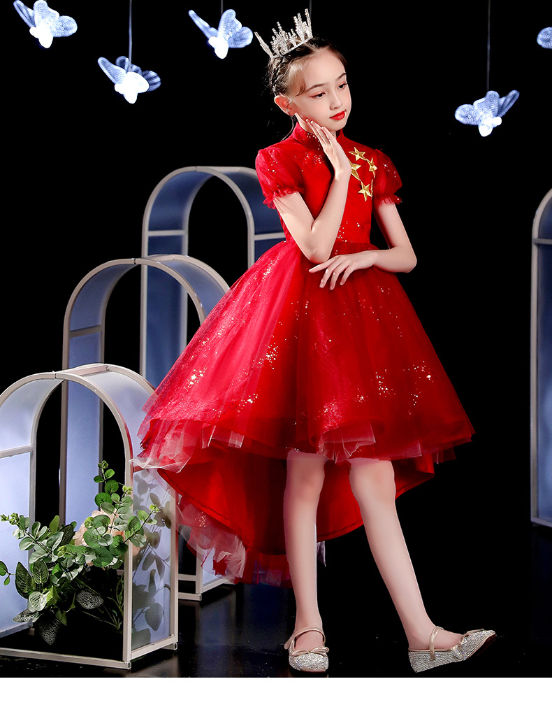 儿童大合唱礼服红色主题朗诵演讲歌唱演出服女童公主裙主持人礼服