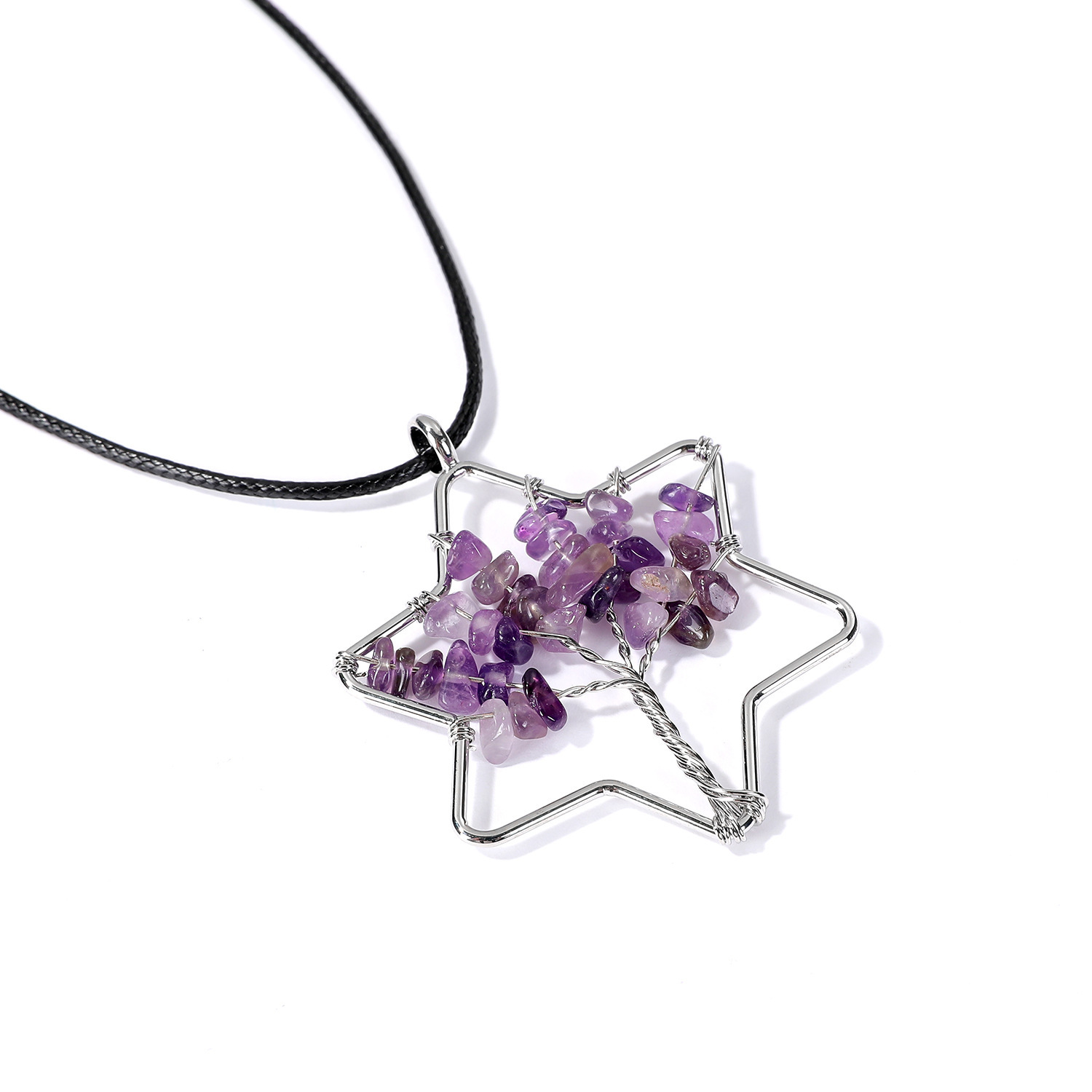 天然石月亮生命树吊坠银色紫晶项链手工绕线生命树星星梅花吊坠