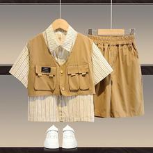 男童夏装洋气儿童童装2024新款夏季时髦韩版工装口袋假两件套装潮