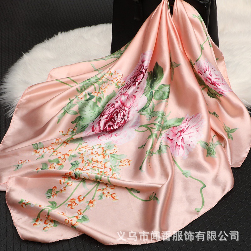 90cm Large Kerchief Women's New Peony Flower Scarf Emulation Silk Scarf Middle-Aged Mom Gift Scarf