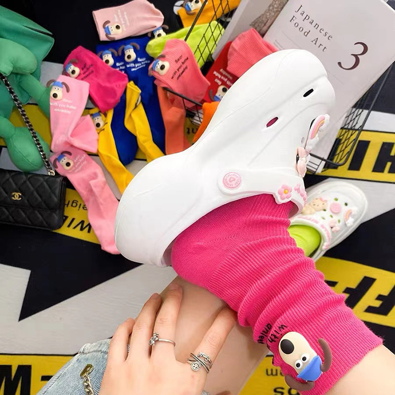 夏季新款搭配洞洞鞋糖果色袜子女ins潮可爱小狗中筒袜小众饰品袜