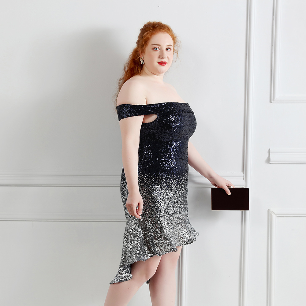 1321-s#长款亮片超级肥码加大码胖码胖美人演出服宴会晚礼服礼服