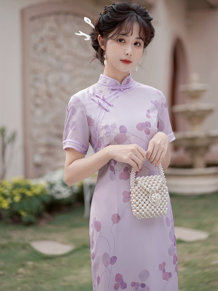 紫罗兰旗袍中长款夏季小个子2024年新款夏款短袖夏少女改良年轻款