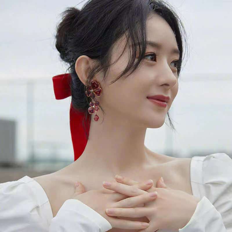 赵丽颖同款耳环复古法式红色花朵耳坠时尚高端奢华新娘耳饰耳夹女