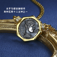 欧美复古气质古罗马古币项链饰品女纯银浮雕女神像银币锁骨链吊坠