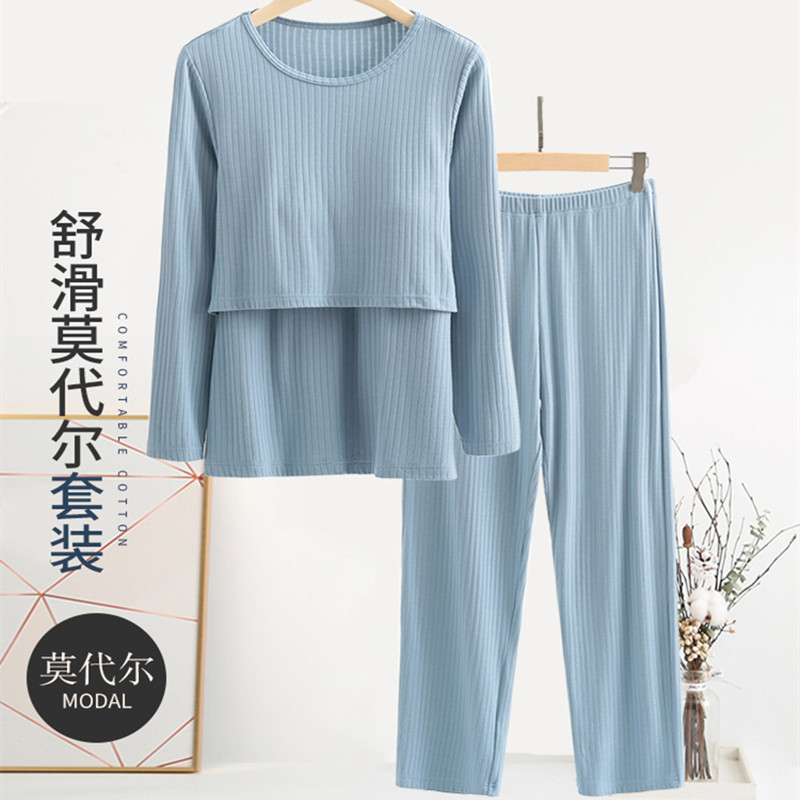 孕妇哺乳长袖套装免穿文胸产后喂奶睡衣莫代尔打底衫春薄款月子服