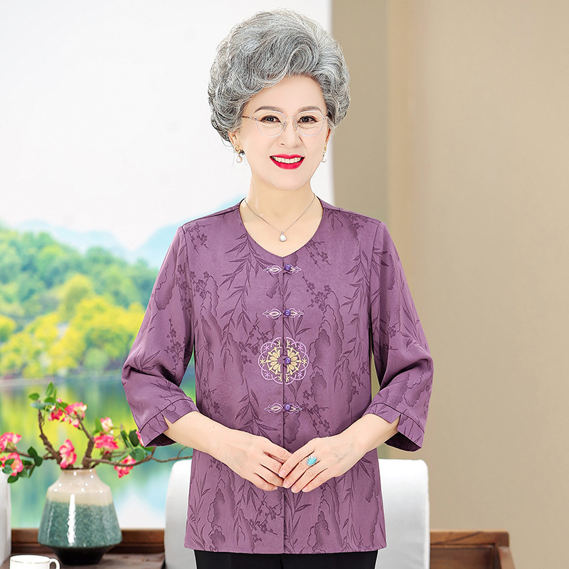 中老年人女夏装奶奶春夏款中袖衬衫老太太夏季衣服70岁60妈妈上衣