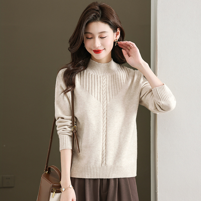 正品牌红色羊毛衫女短款毛衣秋冬半高领宽松百搭高端羊绒针织衫女