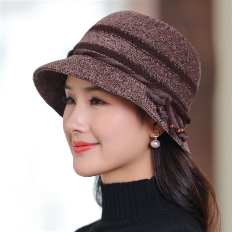 秋冬季渔夫帽子女士时尚毛呢防风寒盆帽户外中老年人妈妈遮阳帽潮