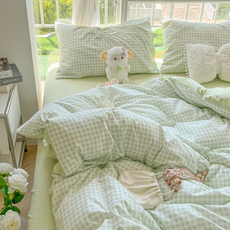 春秋水洗棉四件套床单被套纯色单人学生宿舍简约风床上用品三件套