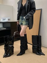 2025欧美风时尚冬季新款尖头坡跟皱褶及膝堆堆靴跨境性感女靴