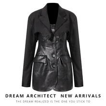黑色两件套2023新款暗黑系散口抹胸西装高级PU仿羊皮连衣裙套装女