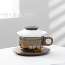 高档精致玻璃咖啡杯碟牛奶杯茶咖杯带盖茶水分离家用办公泡茶杯子