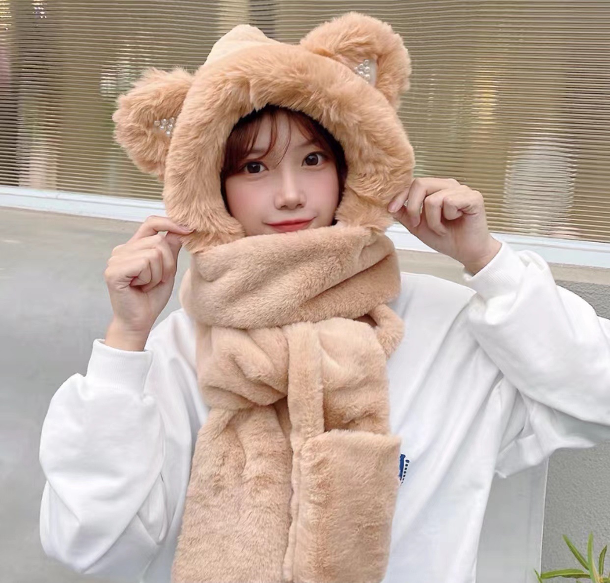 Bear Hat Korean Style Cute Women's All-Match Autumn and Winter Scarf All-in-One Warm Keeping Gloves Scarf Three-Piece Suit Fashion