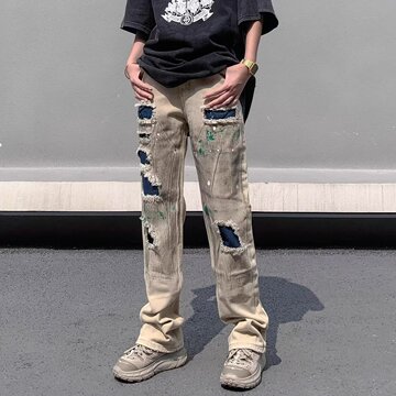 milk 美式高街泼墨破洞做旧牛仔裤休闲嘻哈设计感男女情侣冬季潮