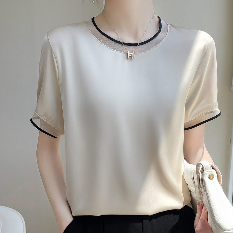 Summer New Silk Satin Mesh Patchwork round Neck Slimming Short-Sleeved T-shirt Top Women's Mulberry Silk All-Matching Women's Wear Women Clothes