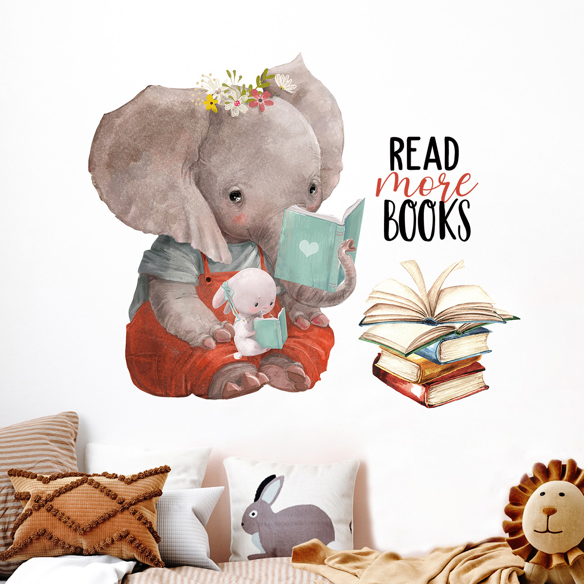 阅读小动物自粘墙卡通可爱大象兔子儿童房间背景装饰贴纸br0297e