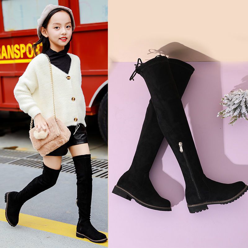 女童靴子长筒靴秋冬季加绒高筒靴马靴中大童显瘦弹力靴儿童过膝靴