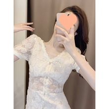 连衣裙女夏2024新款收腰气质小个子法式温柔系白色夏季蕾丝纱裙