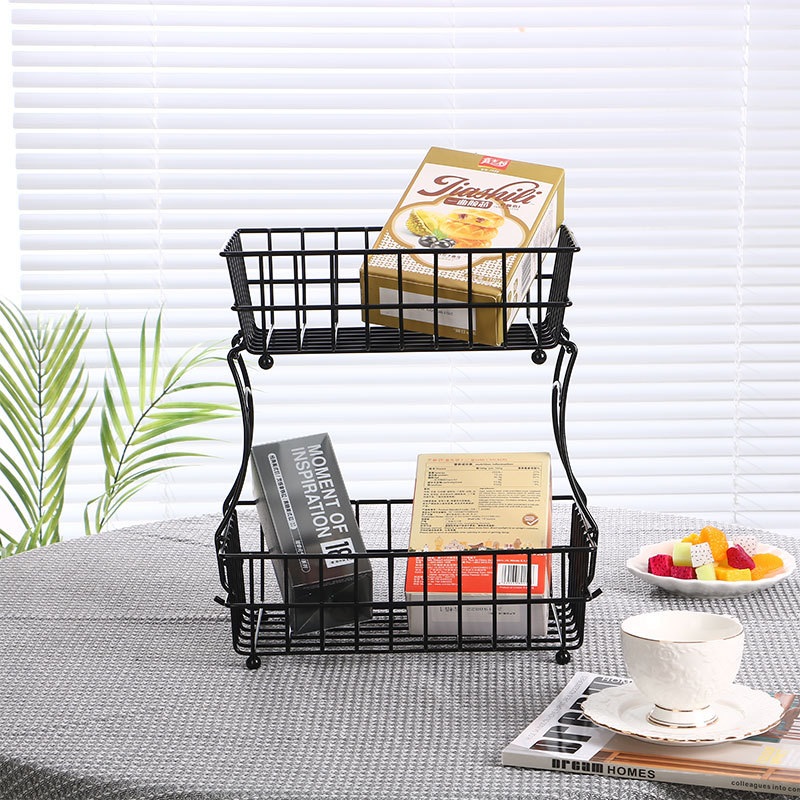 Black Iron Double Layer Fruit Basket Snack Storage Basket Household Kitchen Storage Rack Ins Style Square Fruit Basket