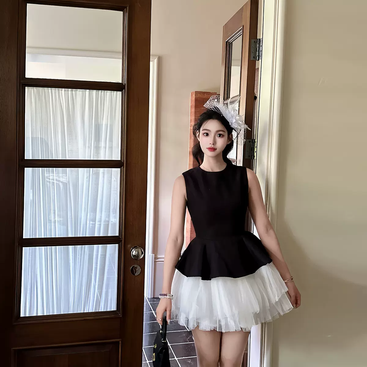 芭蕾风无袖拼接网纱蓬蓬裙连衣裙女夏高级感生日派对礼服公主裙子