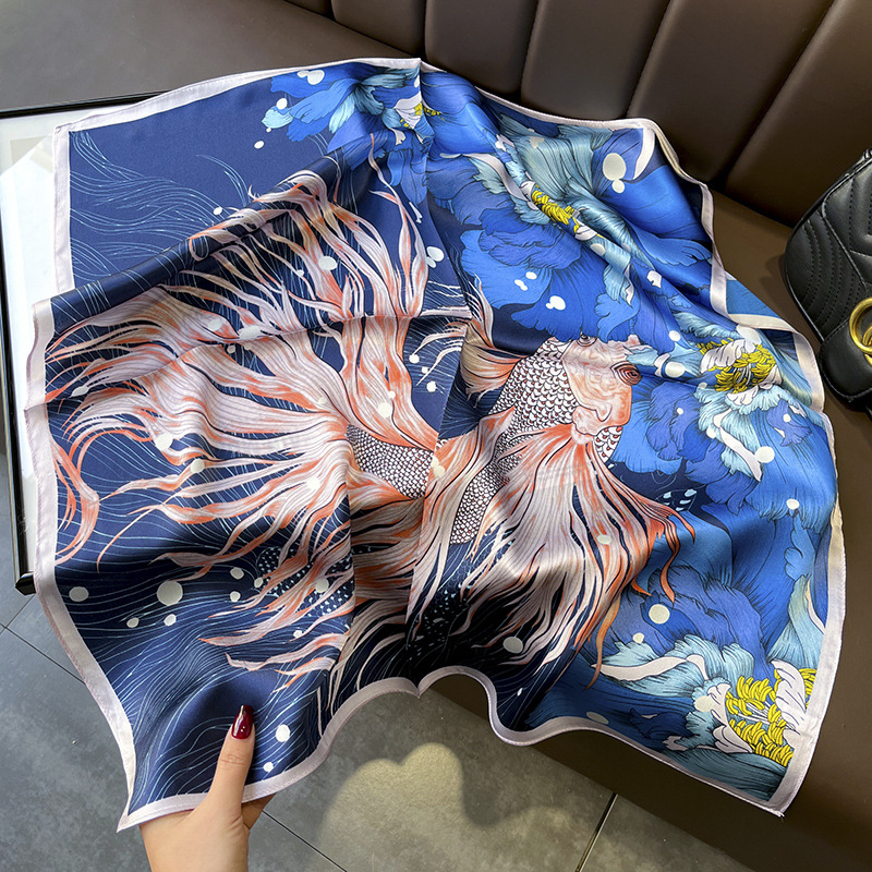 New Goldfish Peony Chinese Style Vintage Flower Silk Scarf Silk Mulberry Silk 70 Square Scarf Decorative Bag for Women