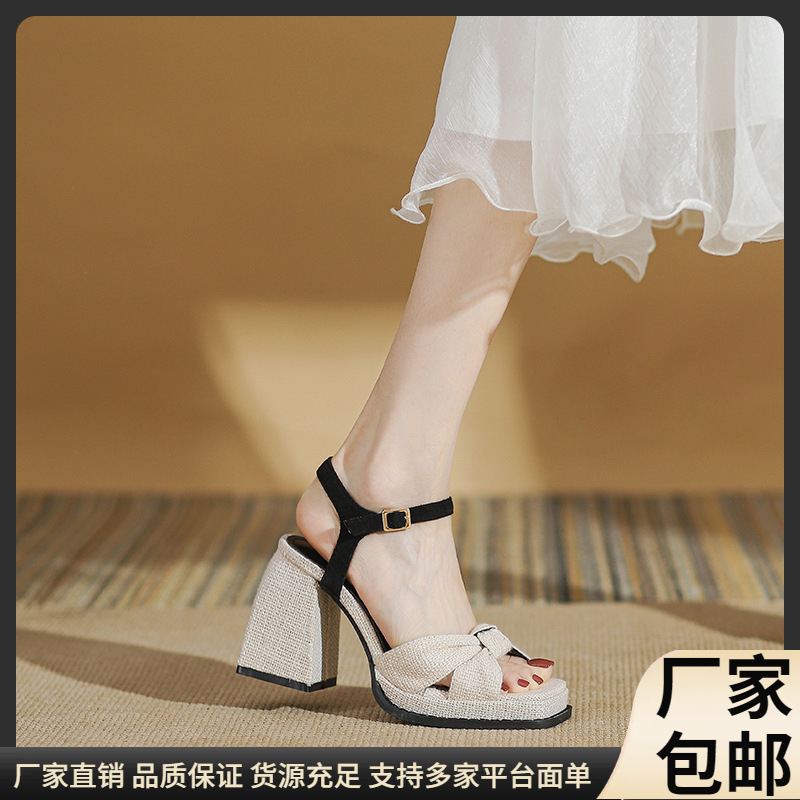 断码清仓特价小香风帆布超高跟宽条带露趾凉鞋方头高跟简约女鞋子
