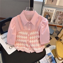粉色假两件短袖针织衫女夏季法式设计感小众减龄洋气小香风上衣潮