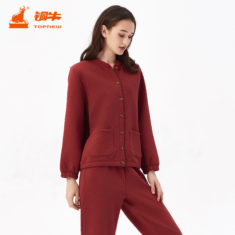 铜牛家居秋冬宽松斜格提花暖棉开襟女套睡衣家居服套装vj078