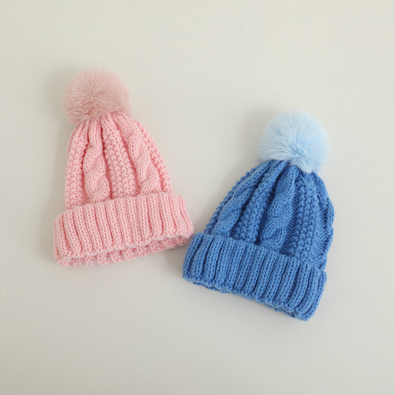 Children's Twist Knitted Wool Fur Ball Warm Hat Korean Autumn and Winter Men's and Women's Keep Baby Warm Solid Color Sleeve Cap