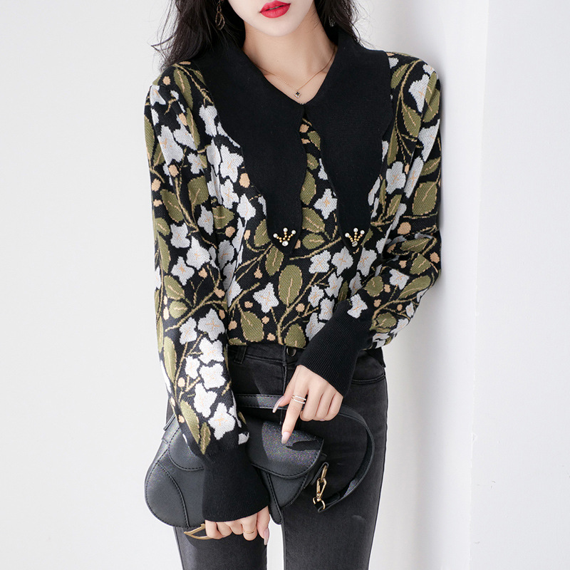 复古娃娃领花色毛衣女外穿2021秋冬季新款女装韩版时尚撞色打底衫