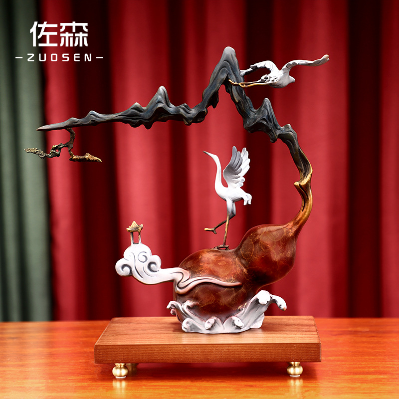 佐森 创意铜葫芦仙鹤艺术品桌面摆设 福禄鹤禧 全铜工艺品摆件