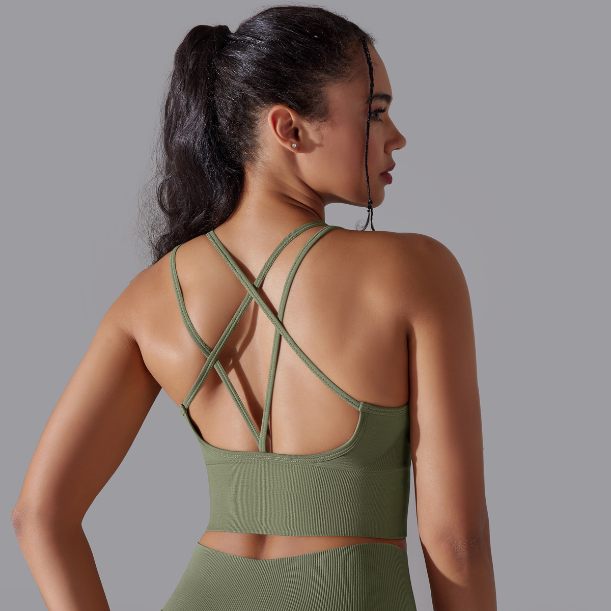 Cross-Border European and American Seamless Solid Color Cross Beauty Back Exercise Bra Vest Yoga Clothes Suit Running Fitness Three-Piece Suit