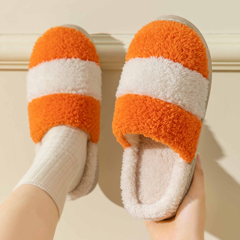 Cotton Slippers Women‘s Autumn and Winter Color Matching Warm Non-Slip Indoor Home Platform plus Couple Home Plush Slippers Men