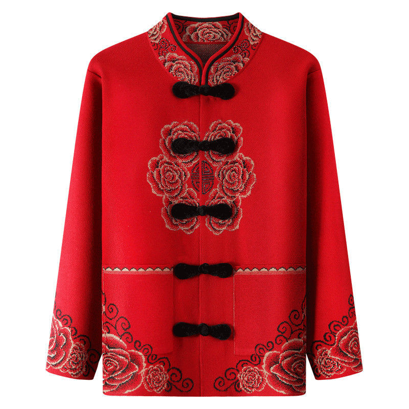 中老年人春秋外套女奶奶针织衫妈妈开衫太太加绒毛衣唐装老人衣服